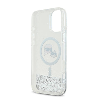Coque MagSafe pour Apple iPhone 16, Karl Lagerfeld, Glitter Liquid Karl & Choupette's Heads, Transparente