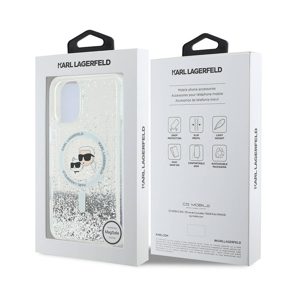 Coque MagSafe pour Apple iPhone 16, Karl Lagerfeld, Glitter Liquid Karl & Choupette's Heads, Transparente
