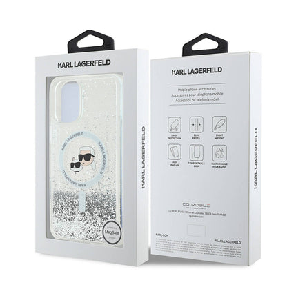 Coque MagSafe pour Apple iPhone 16, Karl Lagerfeld, Glitter Liquid Karl & Choupette's Heads, Transparente