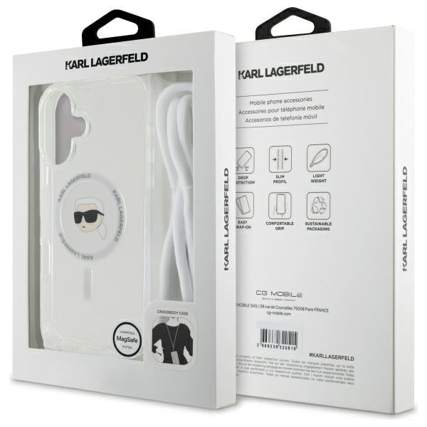 Étui MagSafe pour Apple iPhone 16, Karl Lagerfeld, IML Crossbody Karl's Head, Transparent