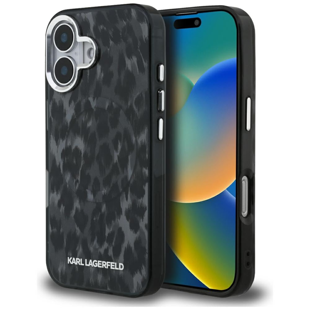 Housse MagSafe pour Apple iPhone 16, Karl Lagerfeld, Motif Léopard IML, Noire