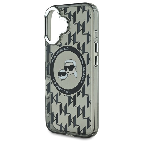 Étui MagSafe pour Apple iPhone 16, Karl Lagerfeld, IML Monogramme Karl & Têtes de Choupette, Noir