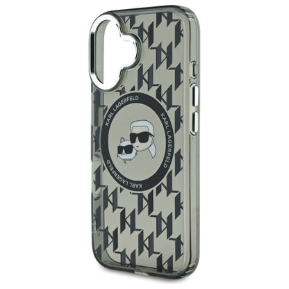 Étui MagSafe pour Apple iPhone 16, Karl Lagerfeld, IML Monogramme Karl & Têtes de Choupette, Noir