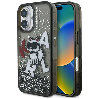 MagSafe Hülle für Apple iPhone 16, Karl Lagerfeld, Liquid Glitter Choupette Logo, Schwarz