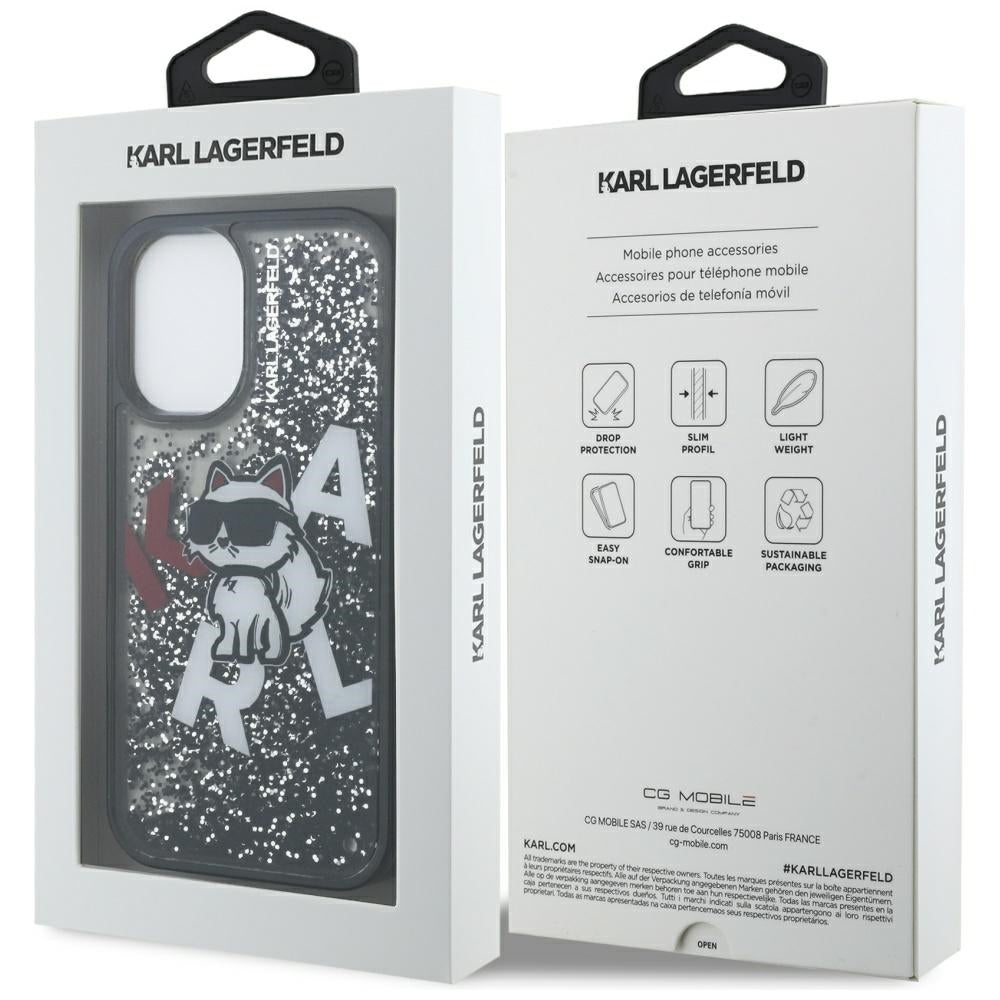 MagSafe Hülle für Apple iPhone 16, Karl Lagerfeld, Liquid Glitter Choupette Logo, Schwarz