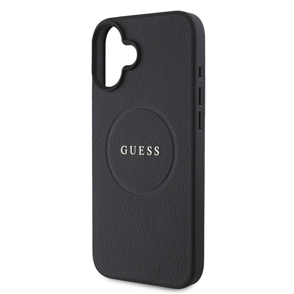 Étui MagSafe pour Apple iPhone 16 Plus, Guess, Anneau Doré Grainé, Noir