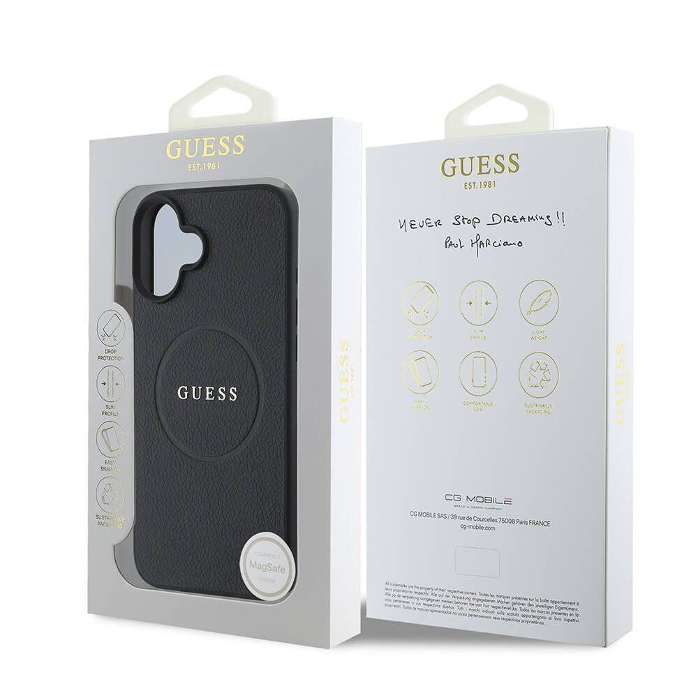 Étui MagSafe pour Apple iPhone 16 Plus, Guess, Anneau Doré Grainé, Noir
