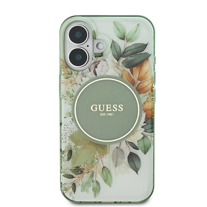Étui MagSafe pour Apple iPhone 16 Plus, Guess, IML Flower & Tonal Circle, Vert