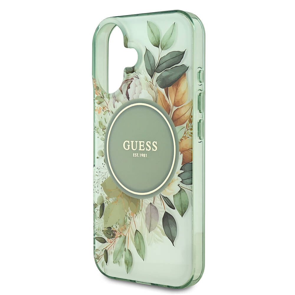 Étui MagSafe pour Apple iPhone 16 Plus, Guess, IML Flower & Tonal Circle, Vert