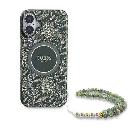 Housse MagSafe pour Apple iPhone 16 Plus, Guess, IML Flowers Allover Electroplated with Pearl Strap, Vert
