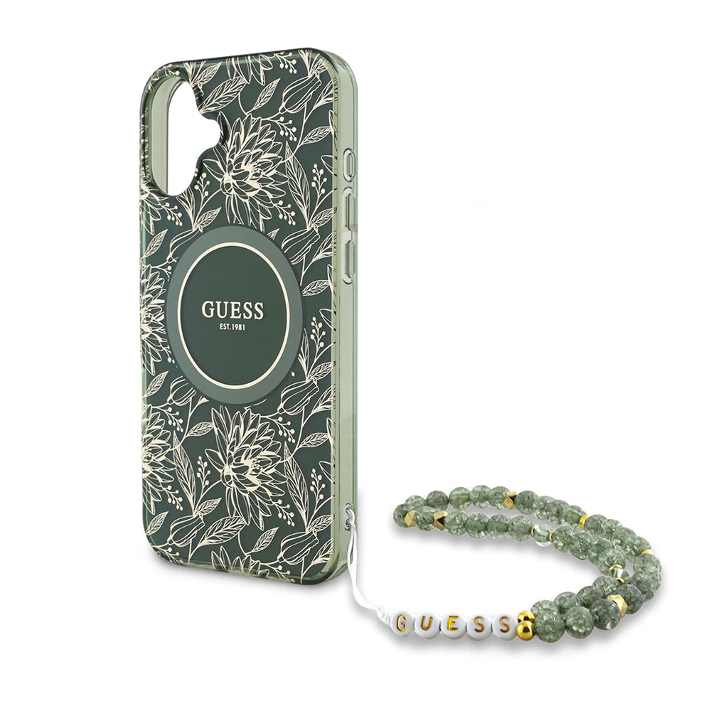 Housse MagSafe pour Apple iPhone 16 Plus, Guess, IML Flowers Allover Electroplated with Pearl Strap, Vert