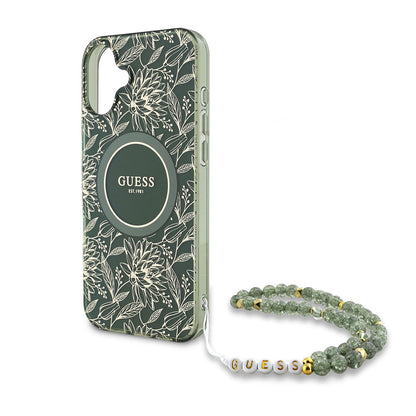 Housse MagSafe pour Apple iPhone 16 Plus, Guess, IML Flowers Allover Electroplated with Pearl Strap, Vert