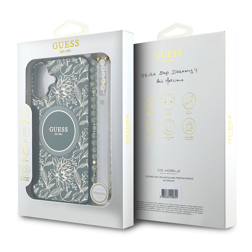 Housse MagSafe pour Apple iPhone 16 Plus, Guess, IML Flowers Allover Electroplated with Pearl Strap, Vert