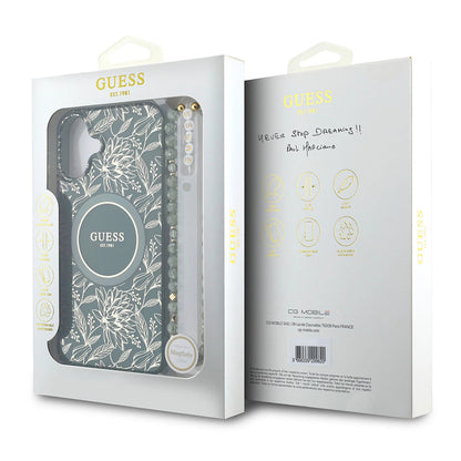 Housse MagSafe pour Apple iPhone 16 Plus, Guess, IML Flowers Allover Electroplated with Pearl Strap, Vert