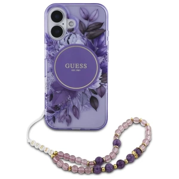 Étui MagSafe pour Apple iPhone 16 Plus, Guess, IML Flowers with Pearl Strap, Violet