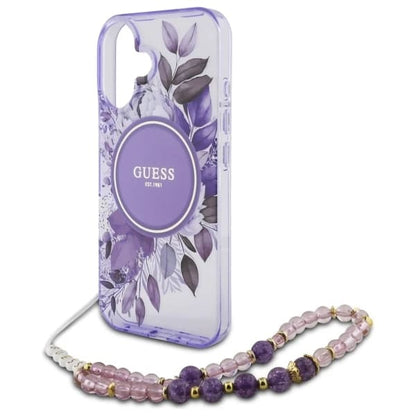 Étui MagSafe pour Apple iPhone 16 Plus, Guess, IML Flowers with Pearl Strap, Violet