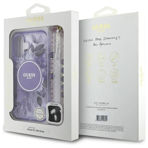 Étui MagSafe pour Apple iPhone 16 Plus, Guess, IML Flowers with Pearl Strap, Violet