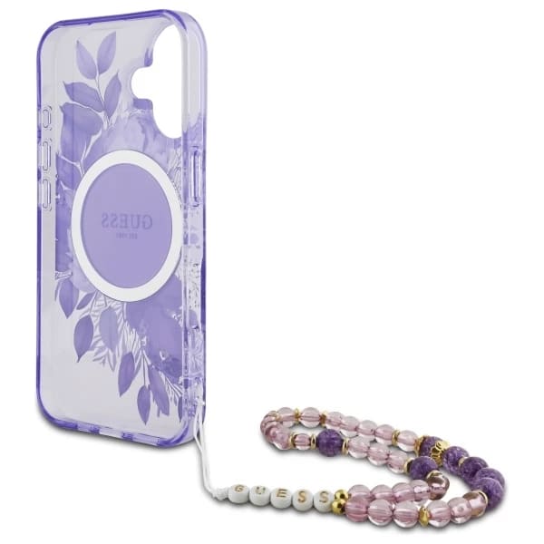 Étui MagSafe pour Apple iPhone 16 Plus, Guess, IML Flowers with Pearl Strap, Violet