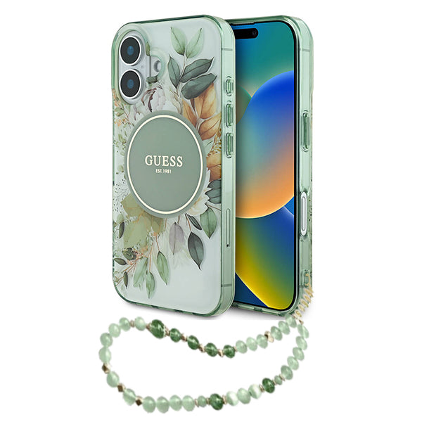 Coque MagSafe pour Apple iPhone 16 Plus, Guess, IML Flowers with Pearl Strap, Vert