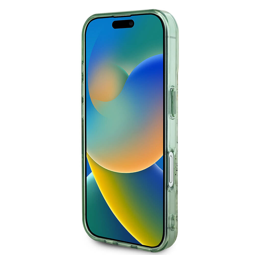 Coque MagSafe pour Apple iPhone 16 Plus, Guess, IML Flowers with Pearl Strap, Vert