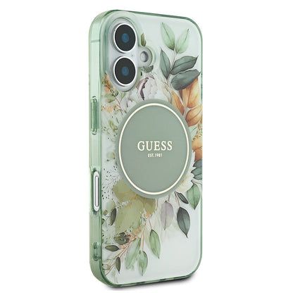 Coque MagSafe pour Apple iPhone 16 Plus, Guess, IML Flowers with Pearl Strap, Vert