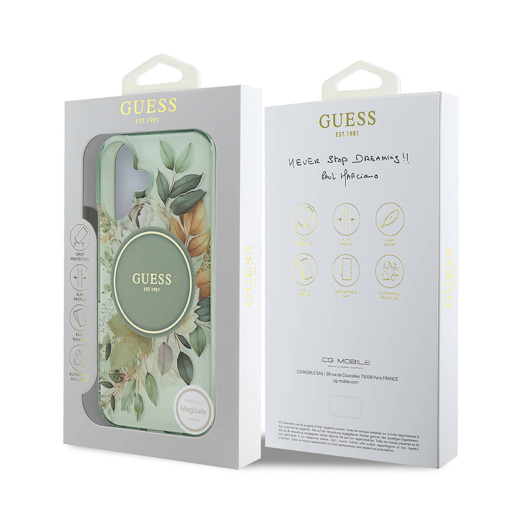Coque MagSafe pour Apple iPhone 16 Plus, Guess, IML Flowers with Pearl Strap, Vert