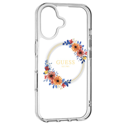 Étui MagSafe pour Apple iPhone 16 Plus, Guess, IML Flowers Wreath, Transparent