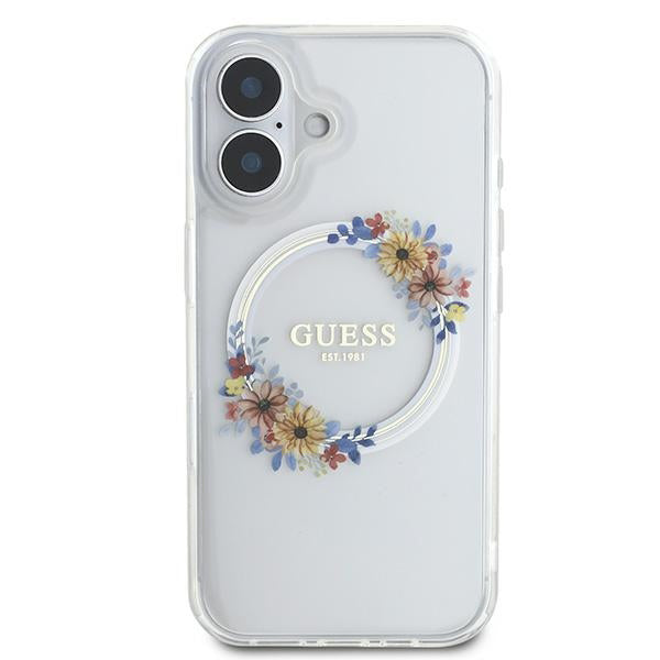 Étui MagSafe pour Apple iPhone 16 Plus, Guess, IML Flowers Wreath, Transparent