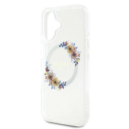 Étui MagSafe pour Apple iPhone 16 Plus, Guess, IML Flowers Wreath, Transparent