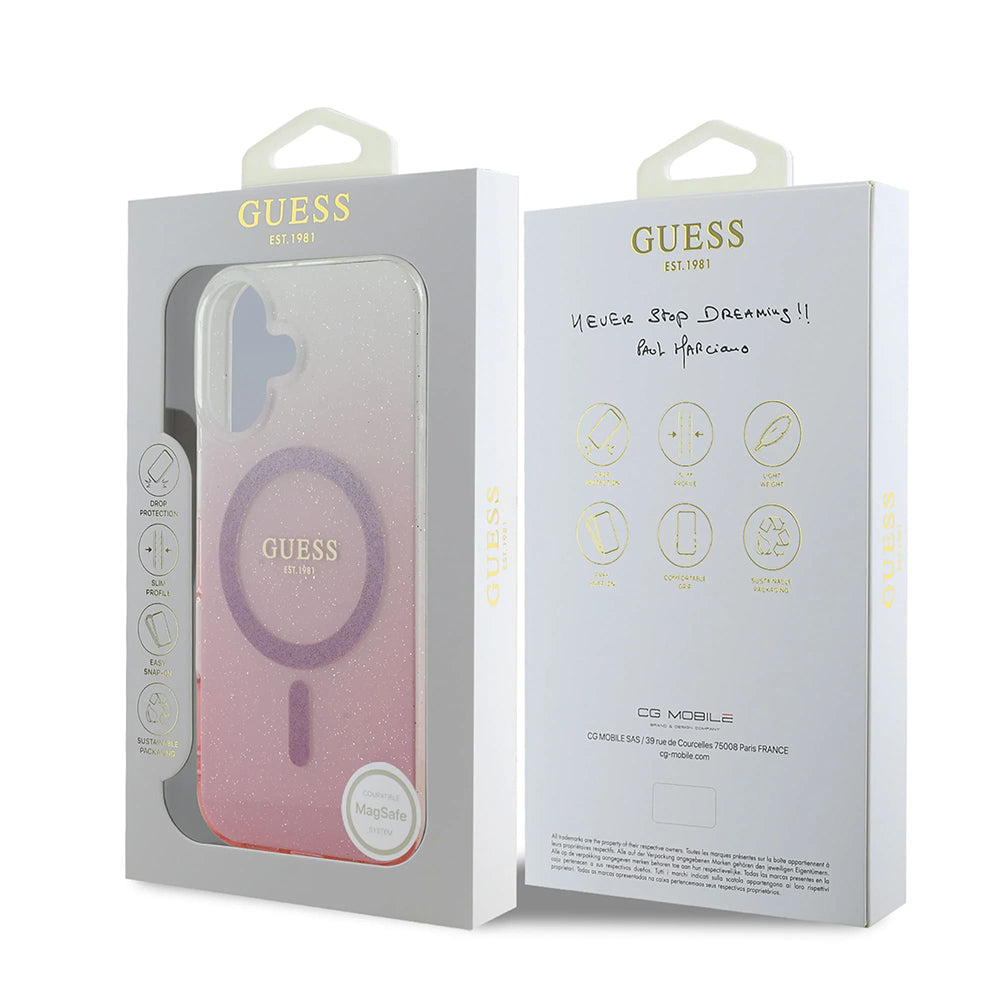 Coque MagSafe pour Apple iPhone 16 Plus, Guess, IML Glitter Gradient, Rose