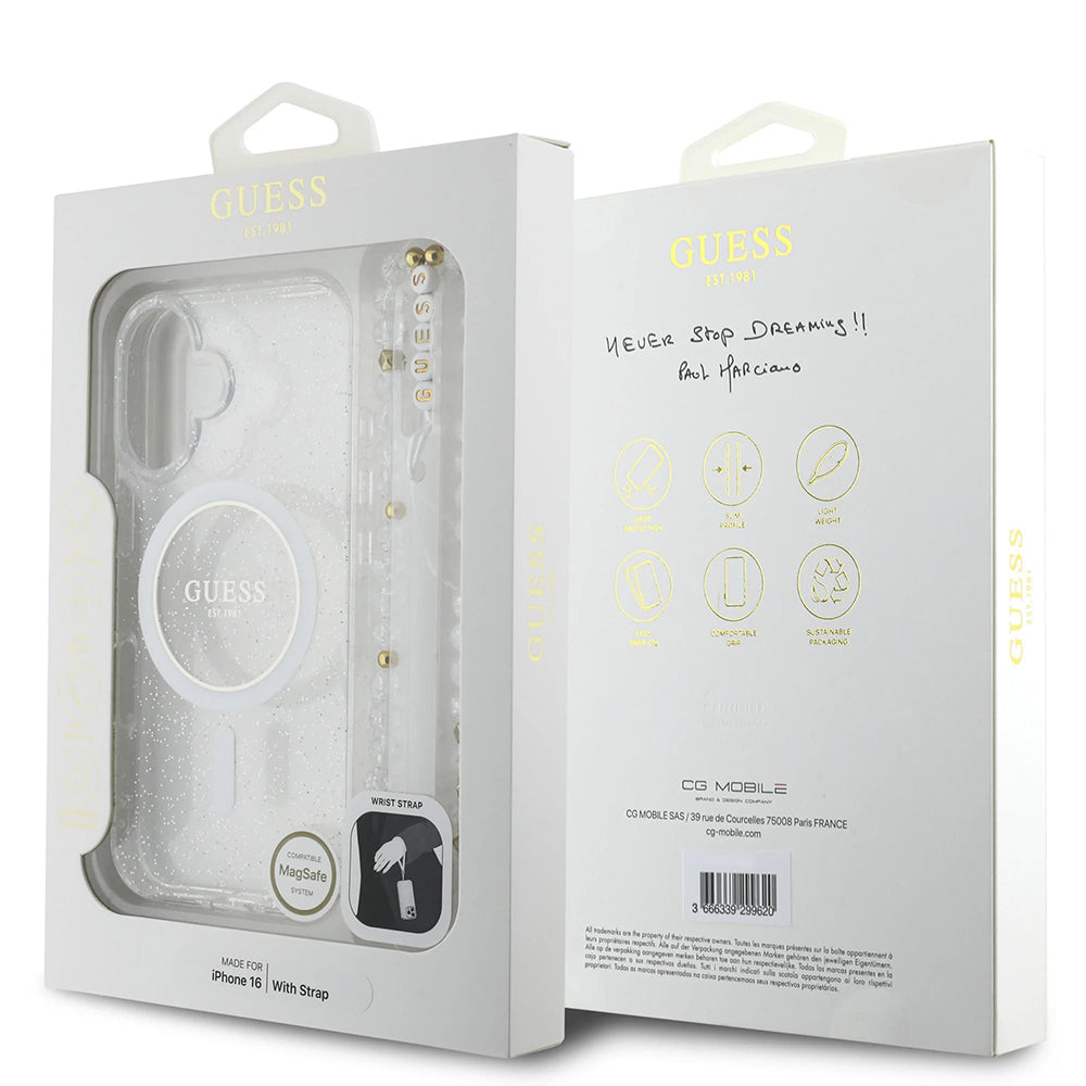 Coque MagSafe pour Apple iPhone 16 Plus, Guess, IML Glitter avec Lanière de Perles, Transparente
