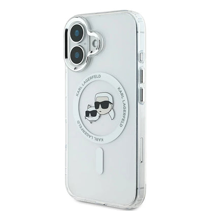 Coque MagSafe pour Apple iPhone 16 Plus, Karl Lagerfeld, IML Metal Karl & Choupette's Heads, Blanche
