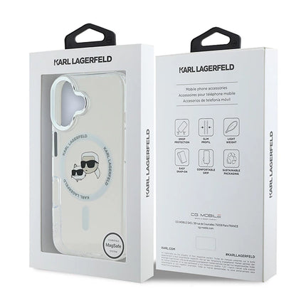 Coque MagSafe pour Apple iPhone 16 Plus, Karl Lagerfeld, IML Metal Karl & Choupette's Heads, Blanche