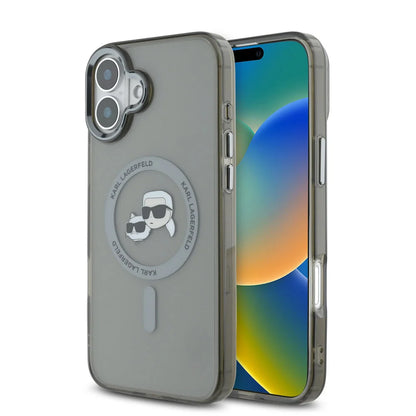 Housse MagSafe pour Apple iPhone 16 Plus, Karl Lagerfeld, IML Metal Karl & Choupette's Heads, Noire