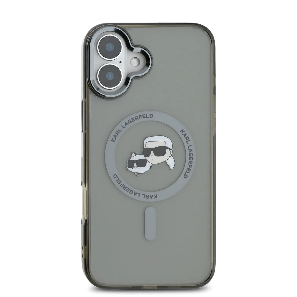Housse MagSafe pour Apple iPhone 16 Plus, Karl Lagerfeld, IML Metal Karl & Choupette's Heads, Noire
