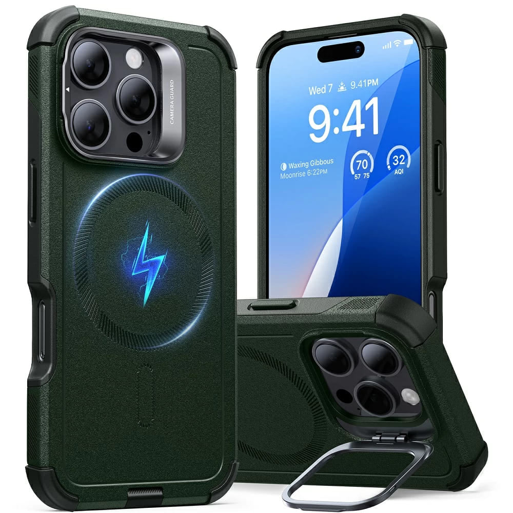 MagSafe Hülle für Apple iPhone 16 Pro, ESR, Cyber Armor Kickstand, Grün