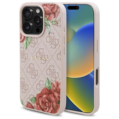 MagSafe Hülle für Apple iPhone 16 Pro, Guess, 4G Flowers Print, Rosa