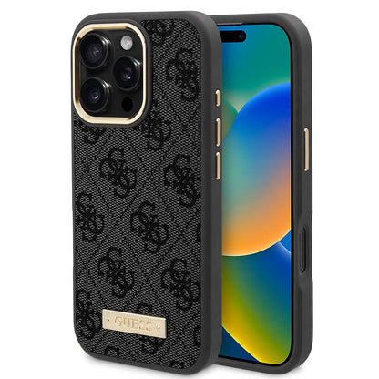 Étui MagSafe pour Apple iPhone 16 Pro, Guess, Plaque Logo 4G, Noir