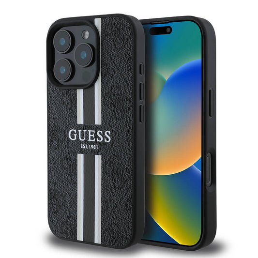 Étui MagSafe pour Apple iPhone 16 Pro, Guess, 4G Printed Stripes, Noir
