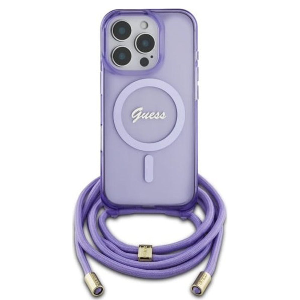 MagSafe Hülle für Apple iPhone 16 Pro, Guess, IML Crossbody Cord Script, Lila