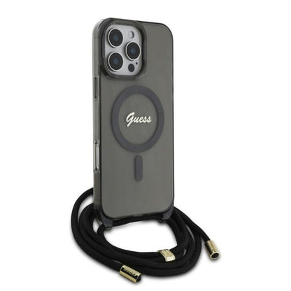 MagSafe Hülle für Apple iPhone 16 Pro, Guess, IML Crossbody Cord Script, Schwarz