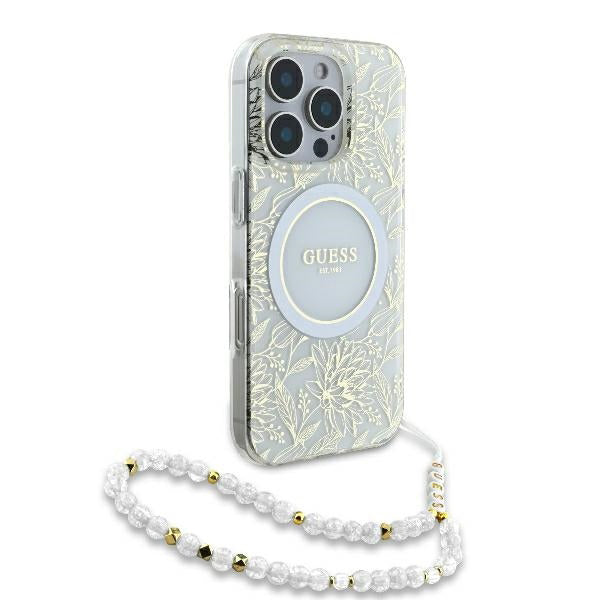 MagSafe Case for Apple iPhone 16 Pro, Guess, IML Flowers Allover Electroplated with Pearl Strap, White