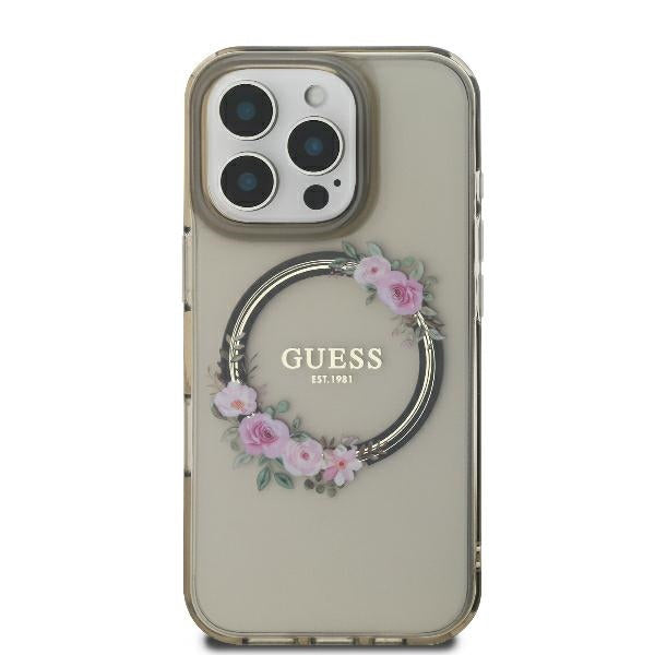 Coque MagSafe pour Apple iPhone 16 Pro, Guess, IML Couronne de Fleurs, Noire