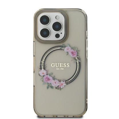 Coque MagSafe pour Apple iPhone 16 Pro, Guess, IML Couronne de Fleurs, Noire