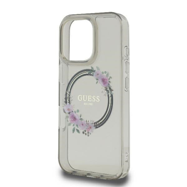 Coque MagSafe pour Apple iPhone 16 Pro, Guess, IML Couronne de Fleurs, Noire