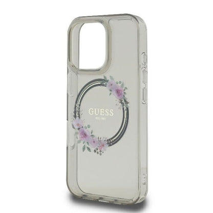Coque MagSafe pour Apple iPhone 16 Pro, Guess, IML Couronne de Fleurs, Noire