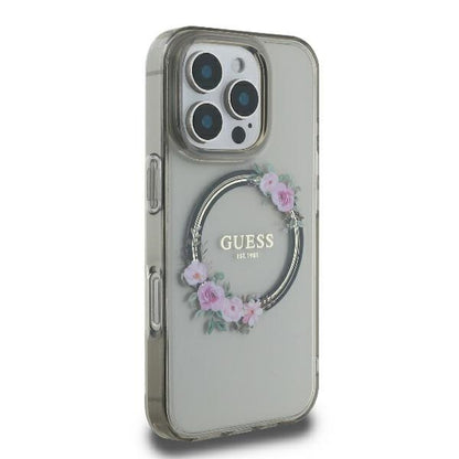 Coque MagSafe pour Apple iPhone 16 Pro, Guess, IML Couronne de Fleurs, Noire