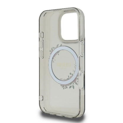 Coque MagSafe pour Apple iPhone 16 Pro, Guess, IML Couronne de Fleurs, Noire