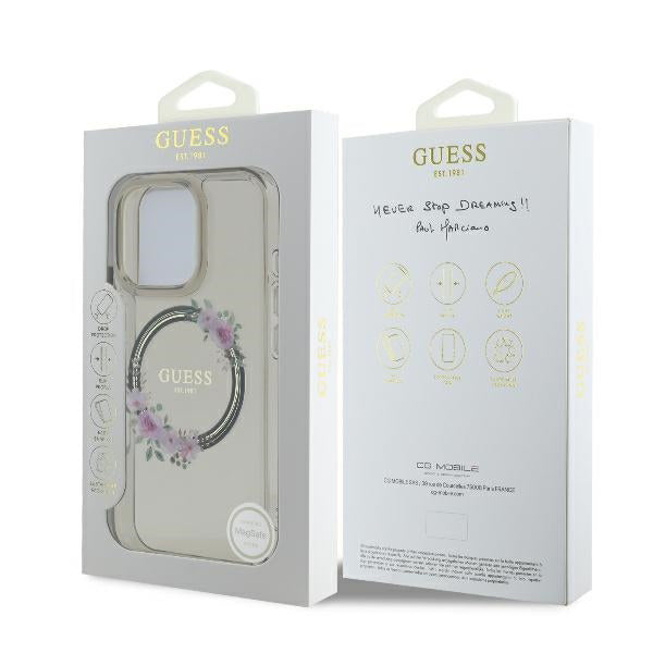 Coque MagSafe pour Apple iPhone 16 Pro, Guess, IML Couronne de Fleurs, Noire