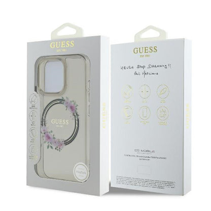 Coque MagSafe pour Apple iPhone 16 Pro, Guess, IML Couronne de Fleurs, Noire